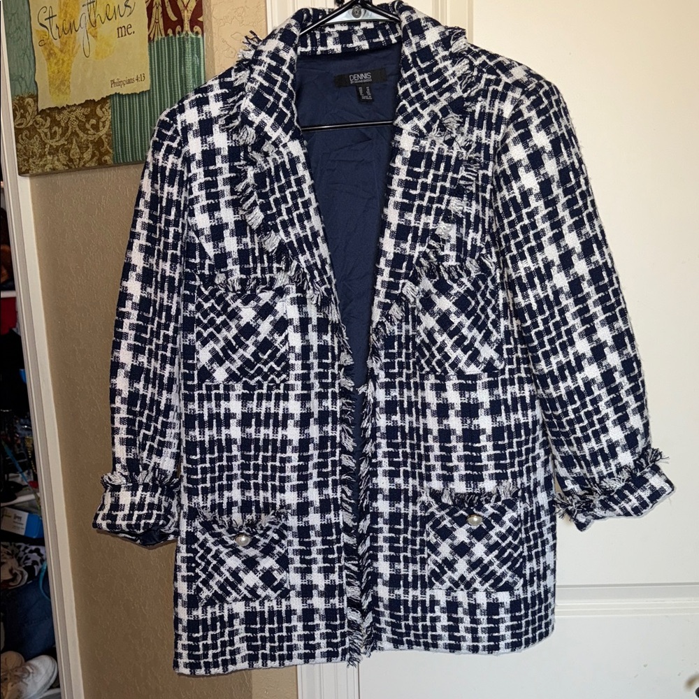 Dennis Basso Navy and White Patterned Blazer